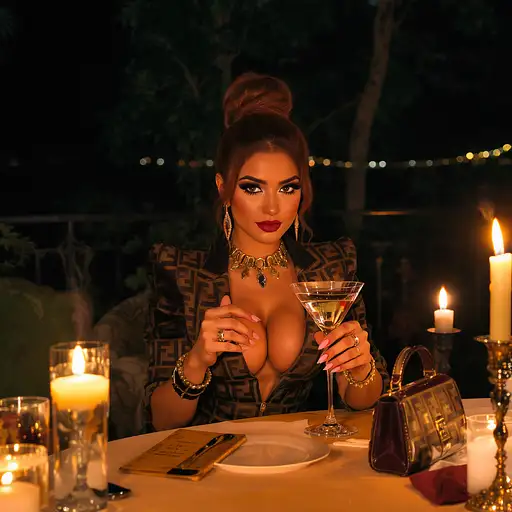 Asian American woman in a Fendi outfit sitting at a candlelit outdoor table, holding a martini at night.