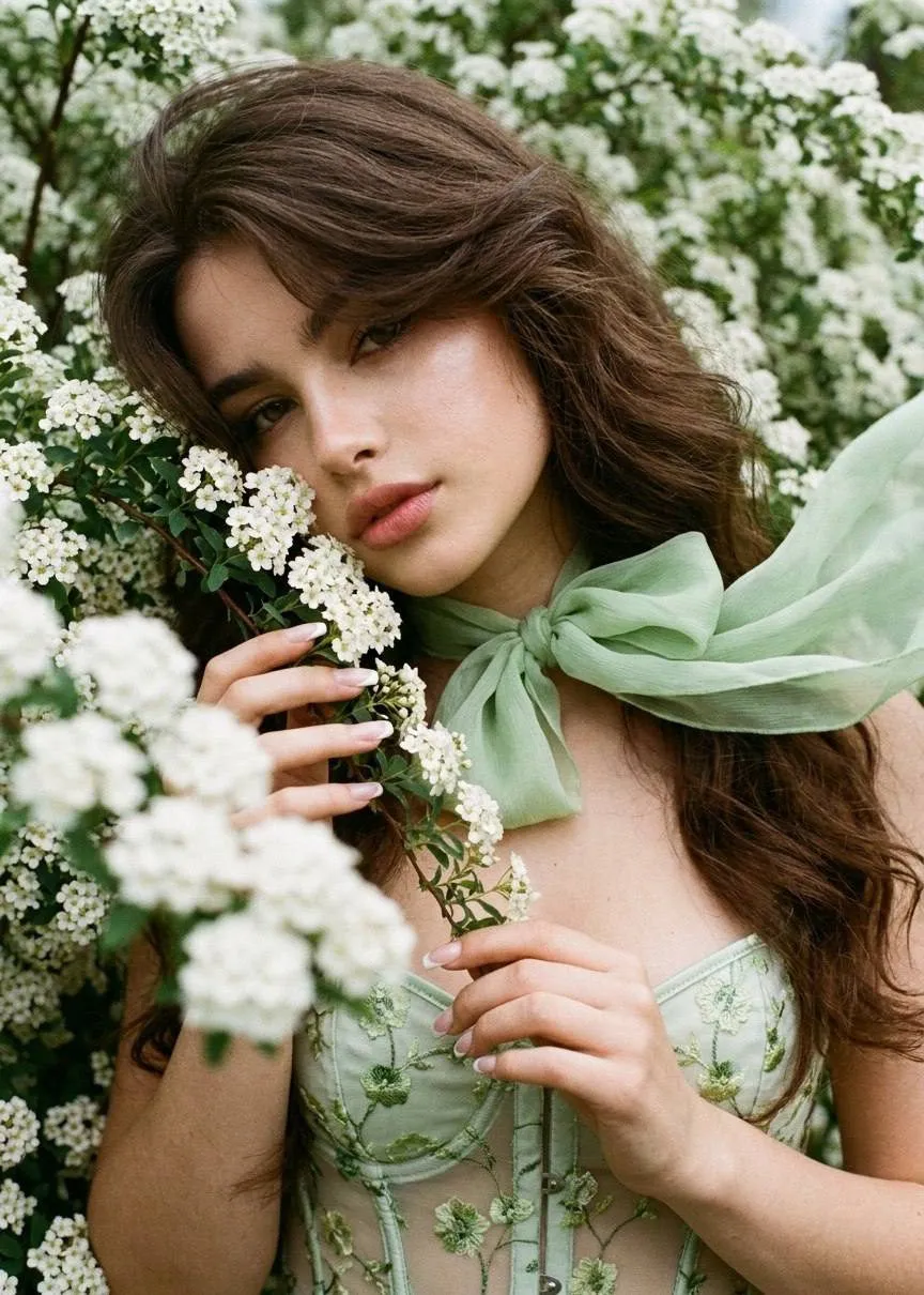 French Manicure With A Green Corset And White Flowers