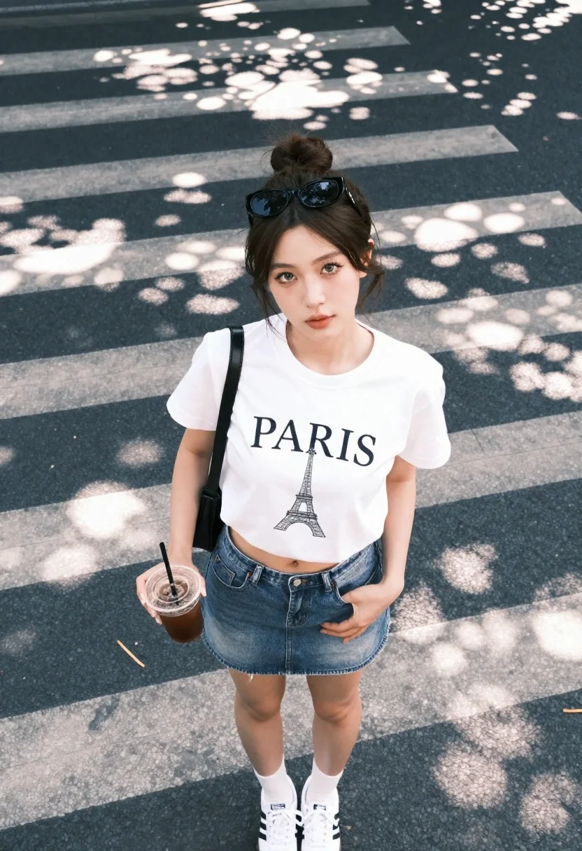 Young Woman Stands Paved Street With White Crosswalk Stripes Looking