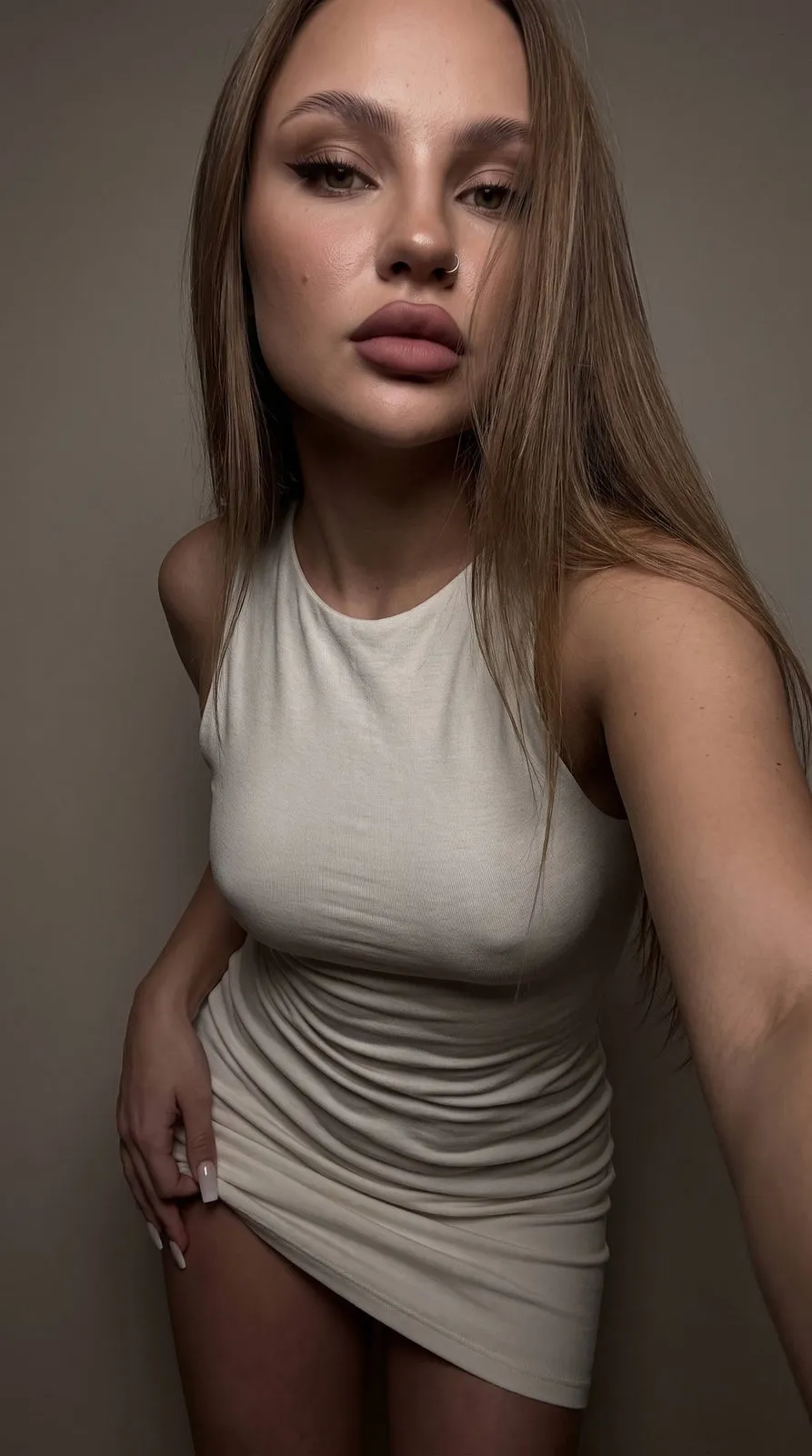 Girl In White Knit Dress Alluring Selfie