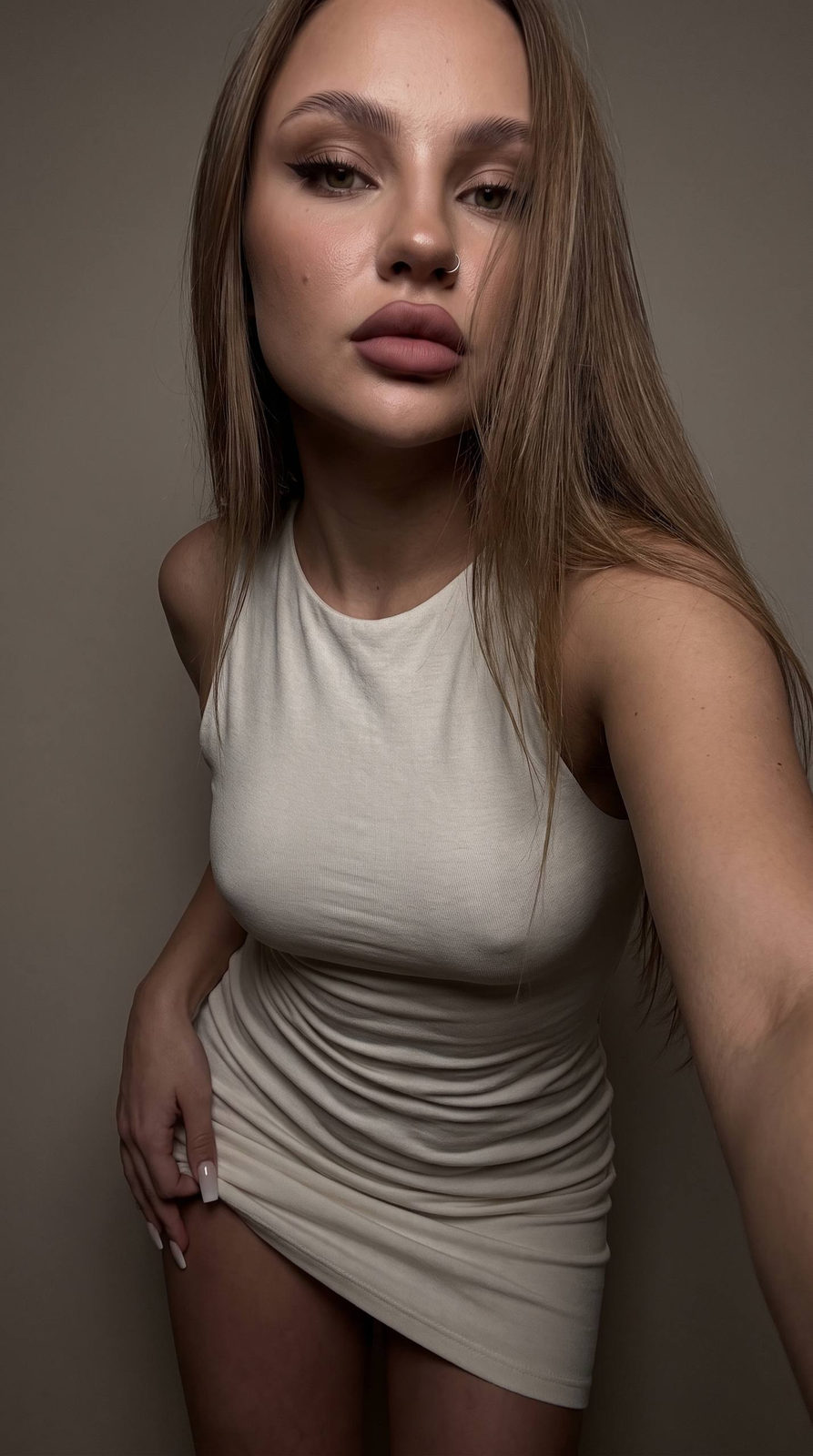 Girl In White Knit Dress Alluring Selfie
