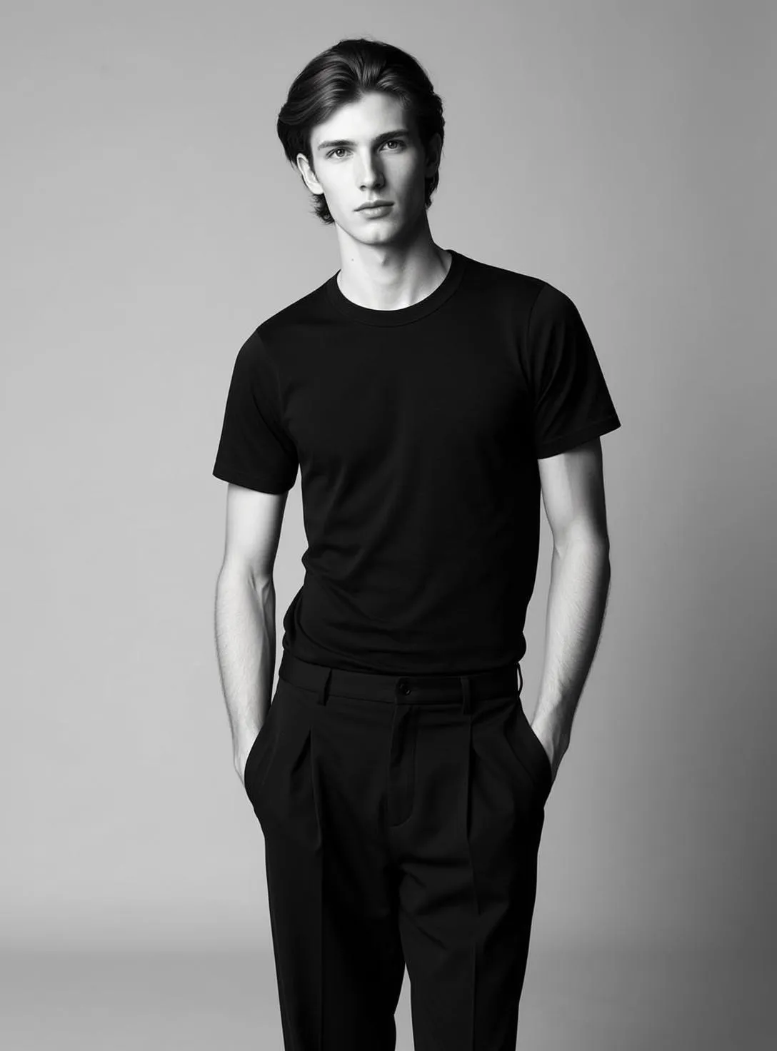 Full-body Portrait Orientation Black And White Photograph Captures Young Man