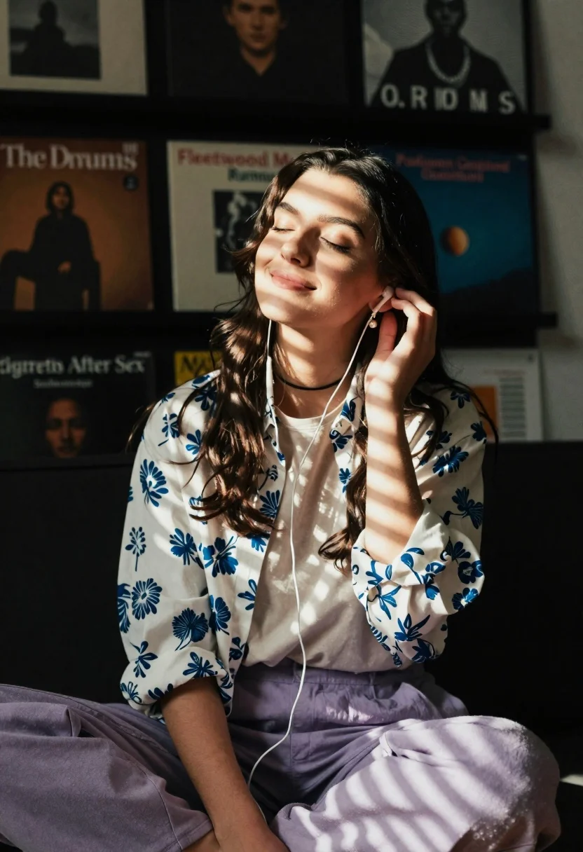Young Woman Sits Dimly Lit Room With Her Eyes Closed