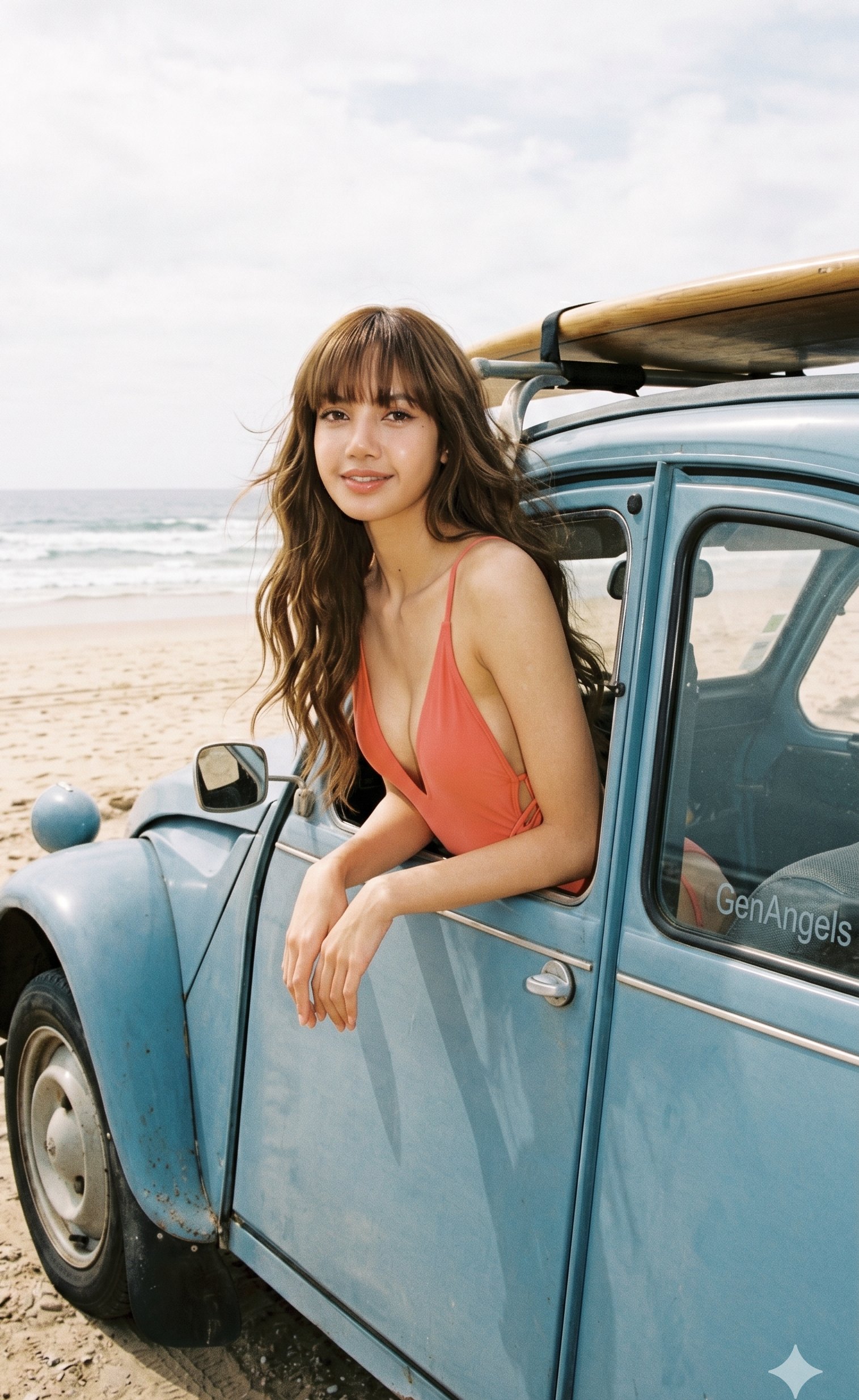 Vintage Car Beach Scene Coral Swimsuit Surfboard
