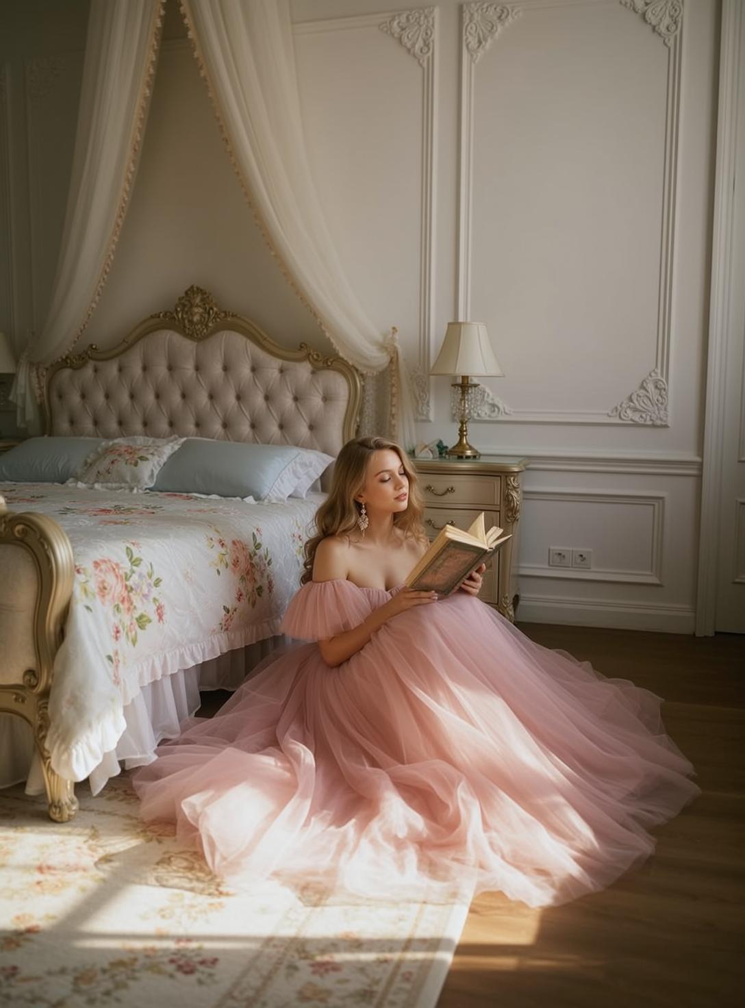Pink Tulle Bedroom Reading Pose
