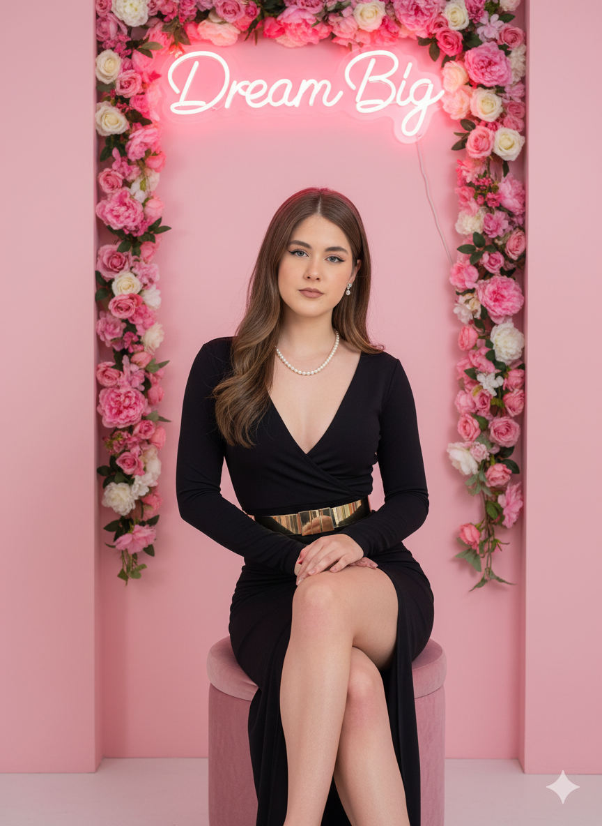 Mulher elegantemente sentada em vestido preto com fenda, em um ambiente com fundo rosa e letreiro de neon.
