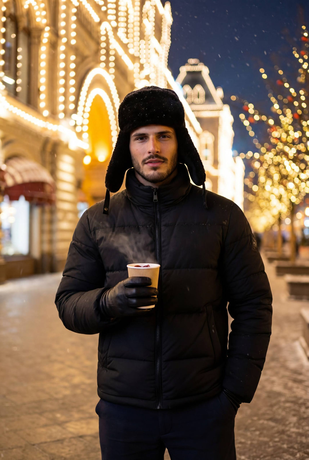 Ultra-realistic winter portrait of a man near GUM Moscow at night, holding mulled wine, wearing a puffer jacket and ushanka hat