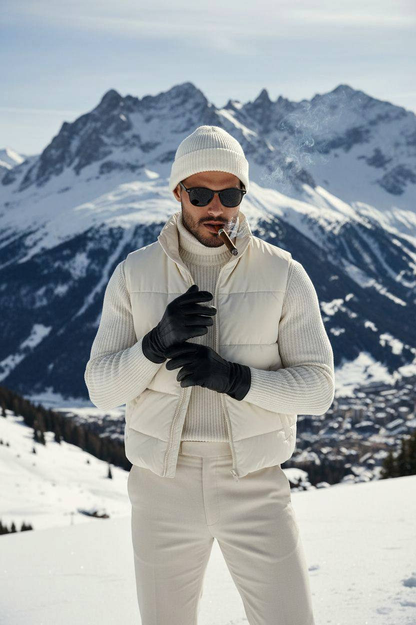 An ultra-detailed winter portrait featuring a person in a sleeveless padded vest and knit beanie, holding a cigar with the snowy Swiss Alps in the background.