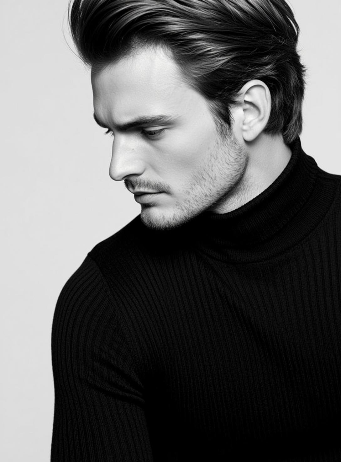 Black And White Medium Close-up Portrait Man Looking Down And