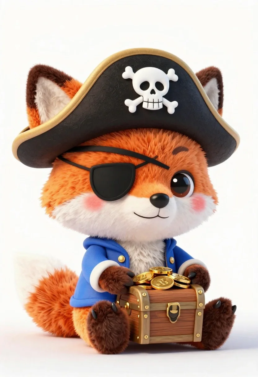 Cute Plush Fox Dressed Pirate Sits Against Plain White Background