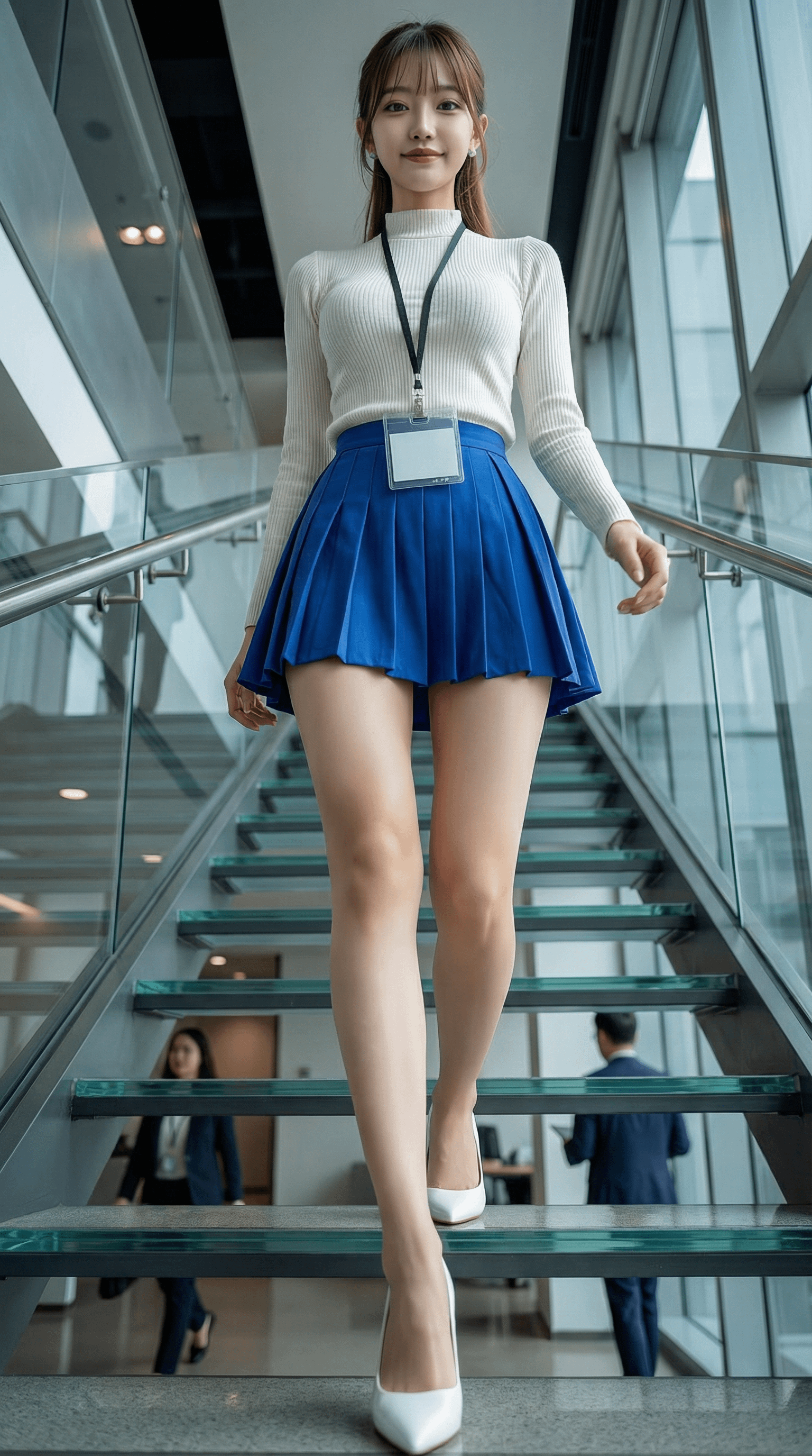 Walking Down Glass Stairs Corporate Office