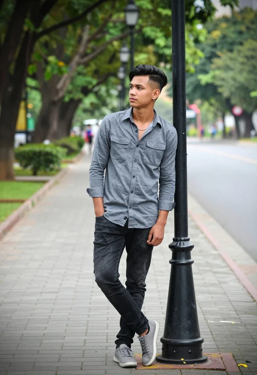 Young Man Leans Casually Against Black Lamppost Paved Sidewalk Outdoor