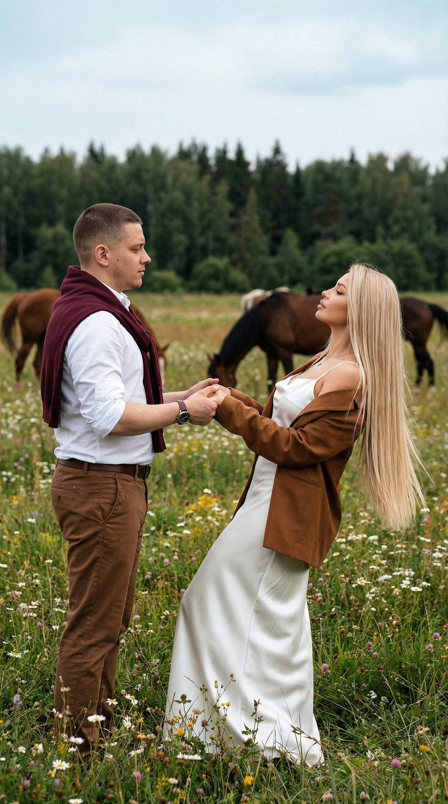 Portrait of a couple in a meadow with horses and forest, man in burgundy jumper, woman in satin dress.
