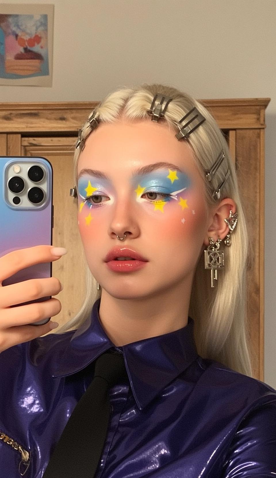 Blonde Woman Star Makeup Purple Shirt Selfie