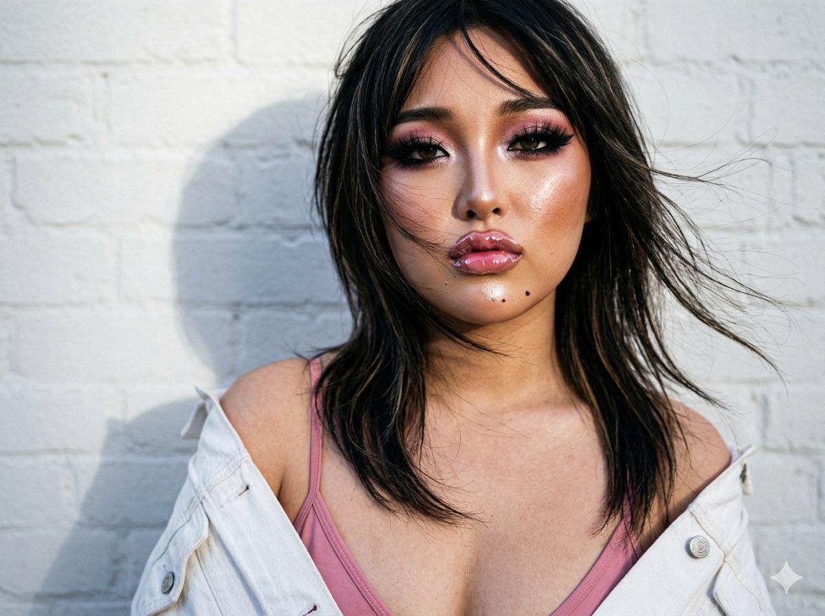 Face With Pink Makeup And Denim Jacket White Brick Wall
