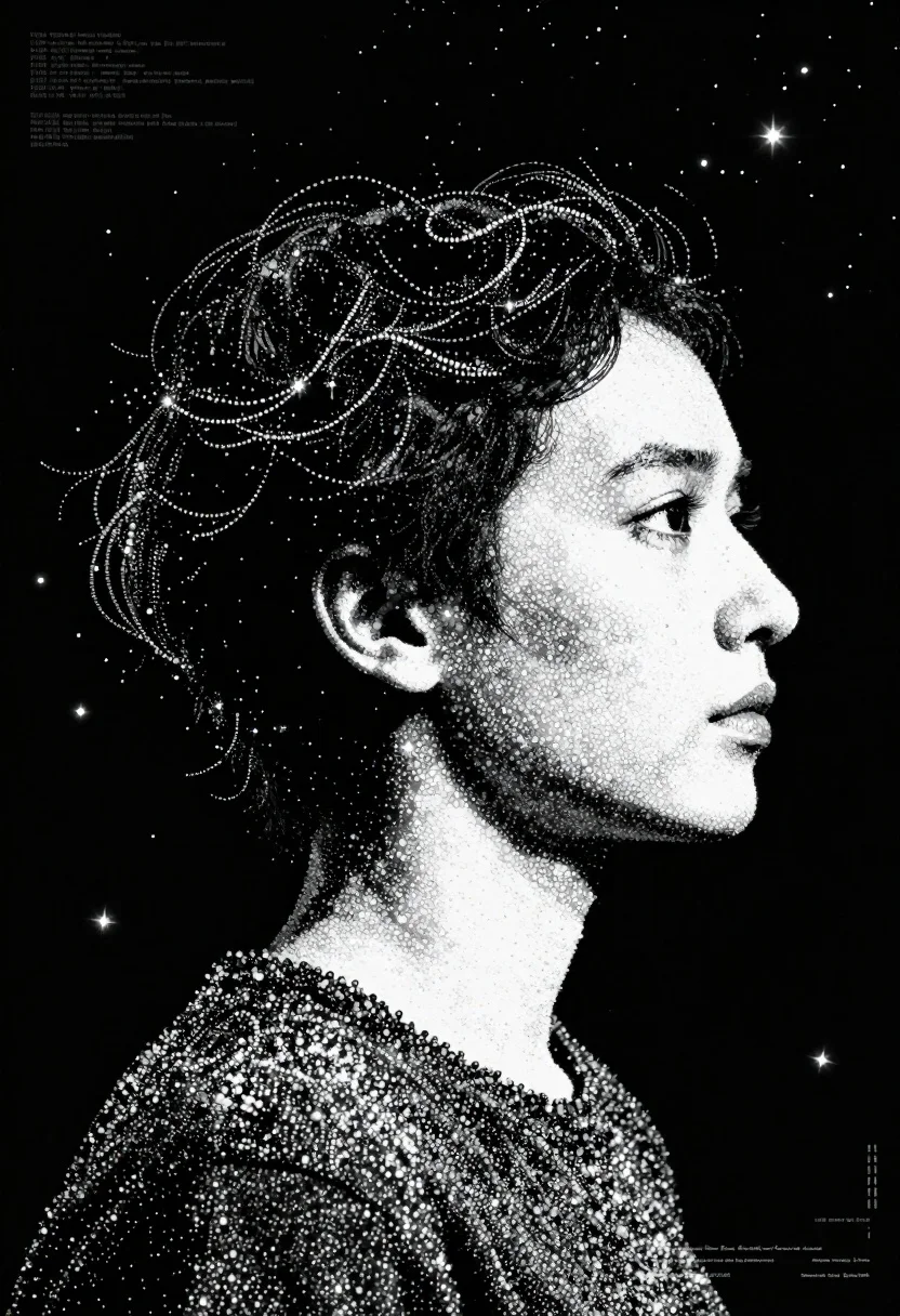 Monochrome Dot-matrix Illustration Human Head And Neck Profile Against Space reference photo