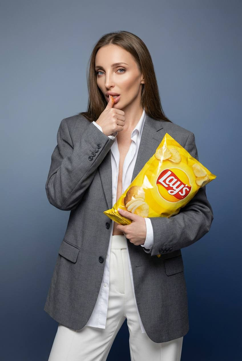 A woman with a gray jacket and white shirt holding chips, looking relaxed in a blue gradient studio background.