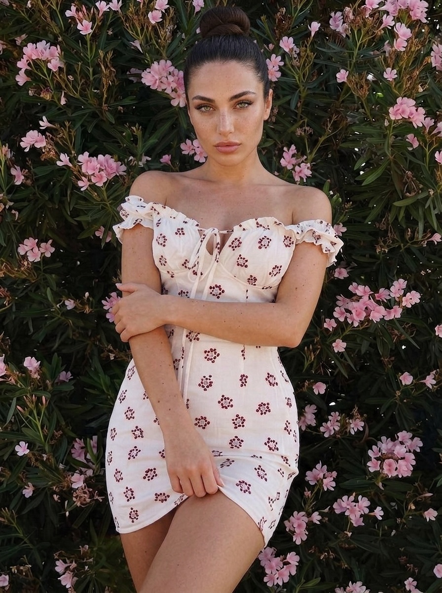 A woman in a white off-the-shoulder corset dress stands gracefully in front of pink flowering bushes.