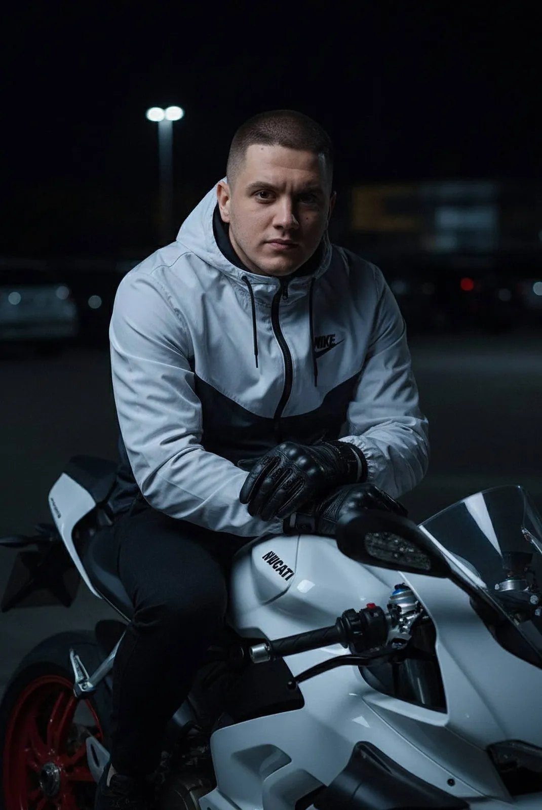 Realistic Man Ducati Parking Lot Portrait