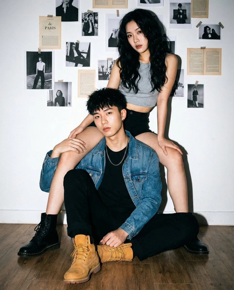 Edgy Couple Cool Fashion Models Seated Floor