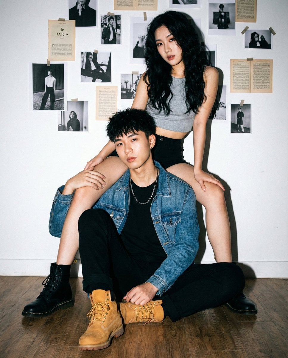 Edgy Couple Cool Fashion Models Seated Floor