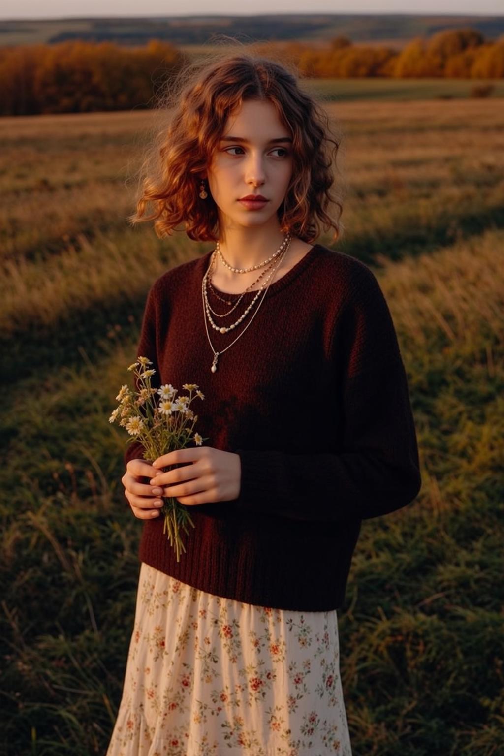 Autumn Young Stands Field Holding Small Bouquet