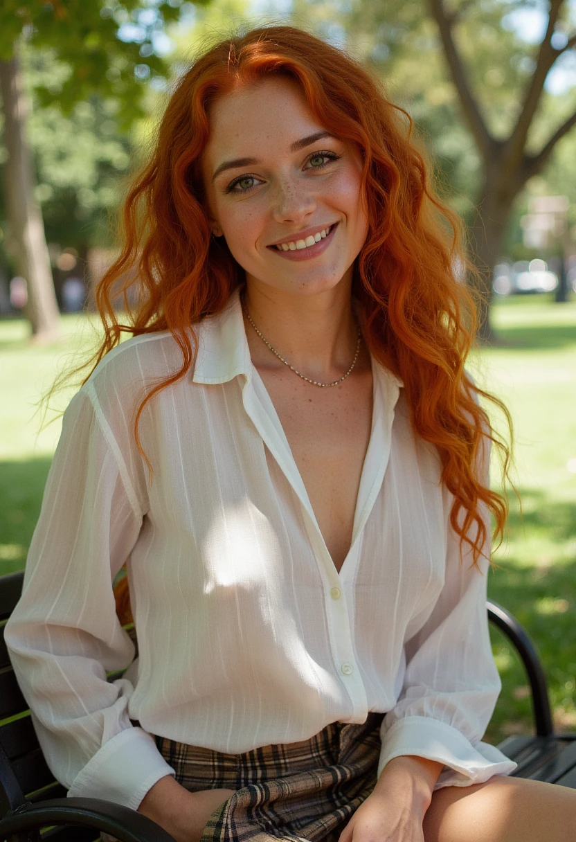 A sexy woman with long curly ginger hair and sapphire eyes, wearing an unbuttoned white blouse and plaid skirt, smiling in a sunlit park.