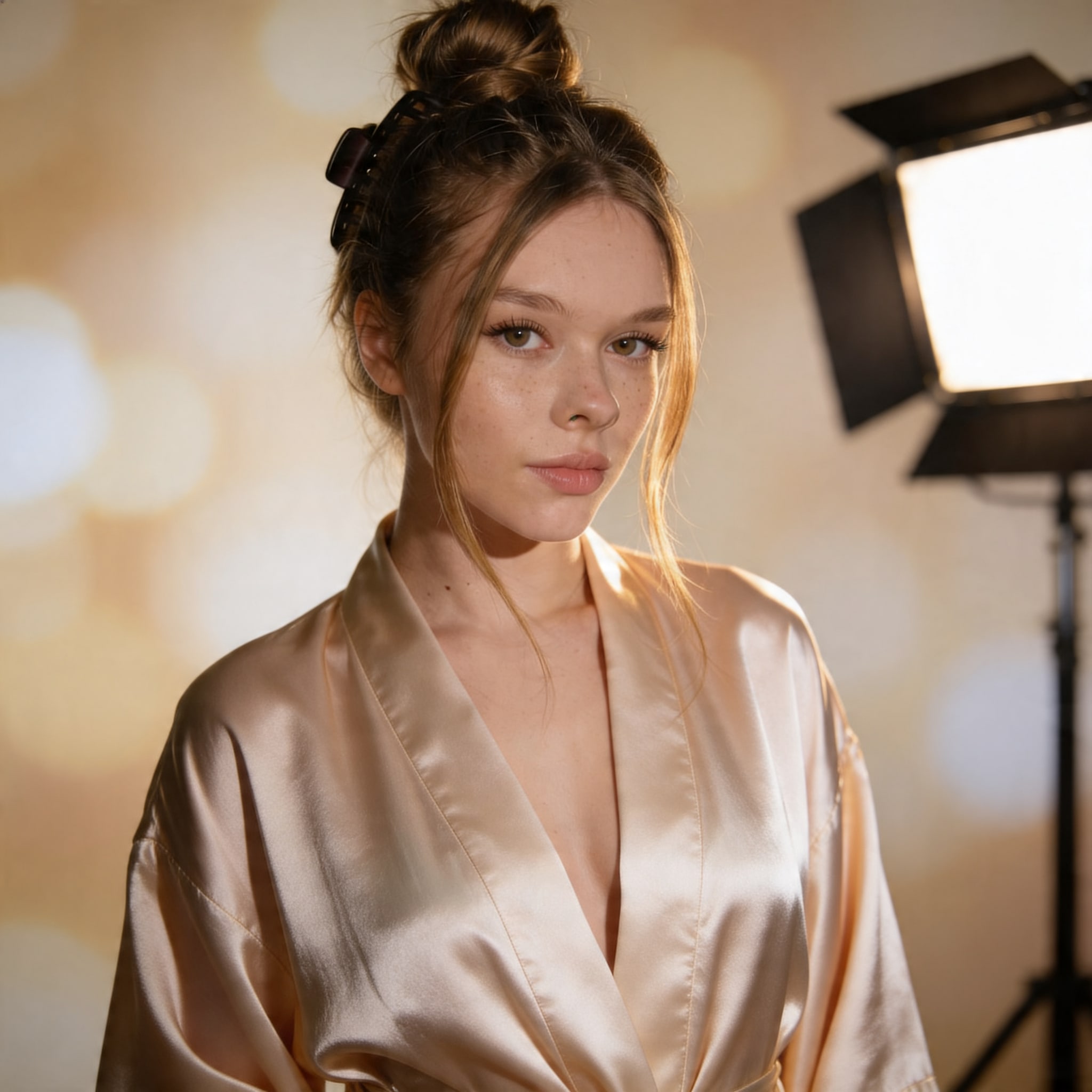 Professional studio portrait of Mila, showcasing natural expression, elegant pose, and soft bokeh background.