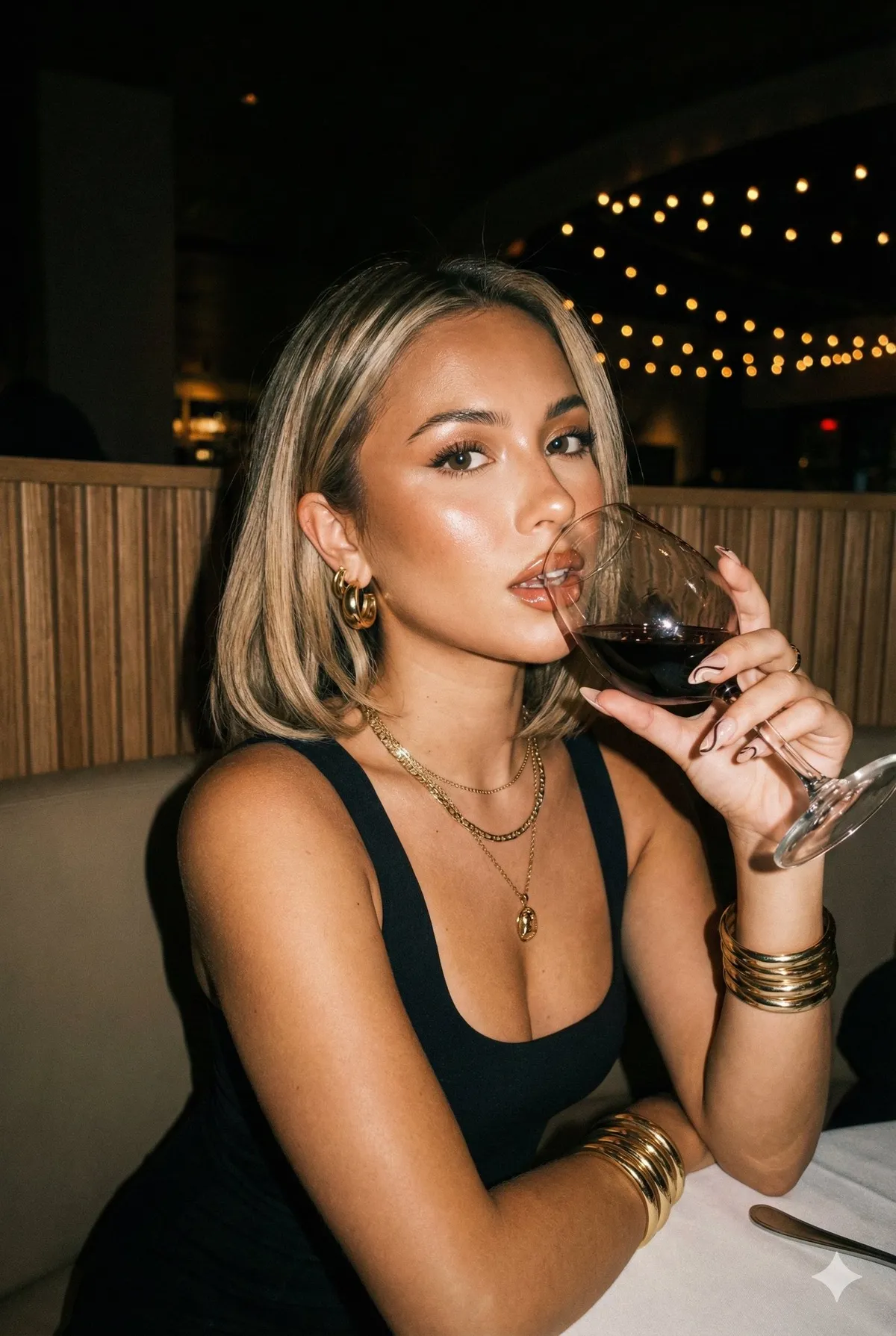 Wine Glass Black Tank Playful Pose