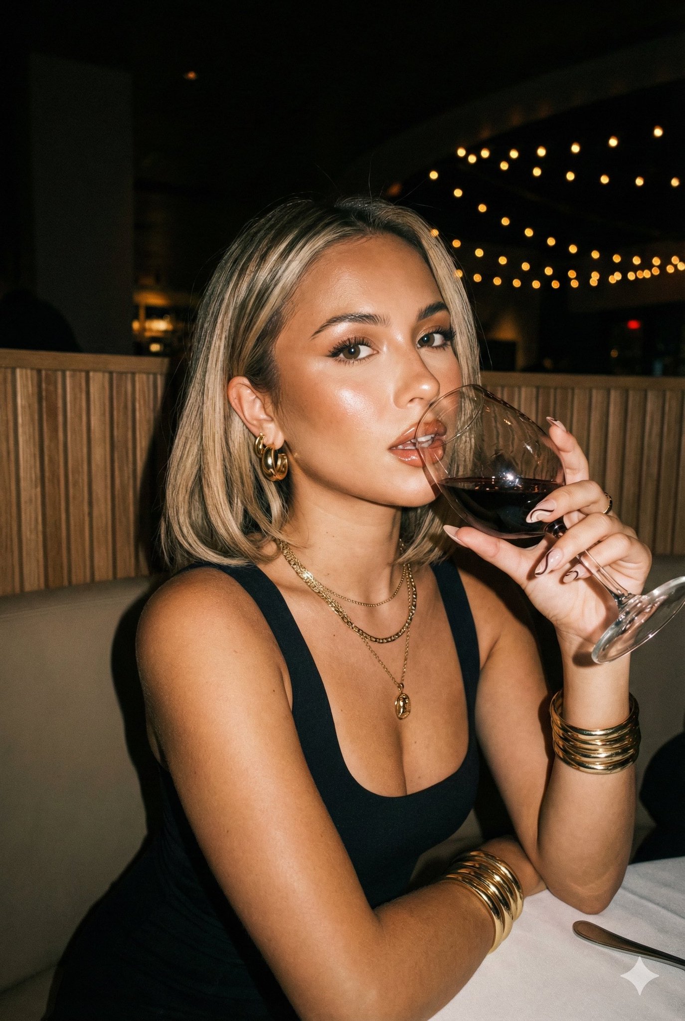 A woman with balayage hair in a black tank top, holding a wine glass near her lips in an upscale restaurant with warm lights in the background.