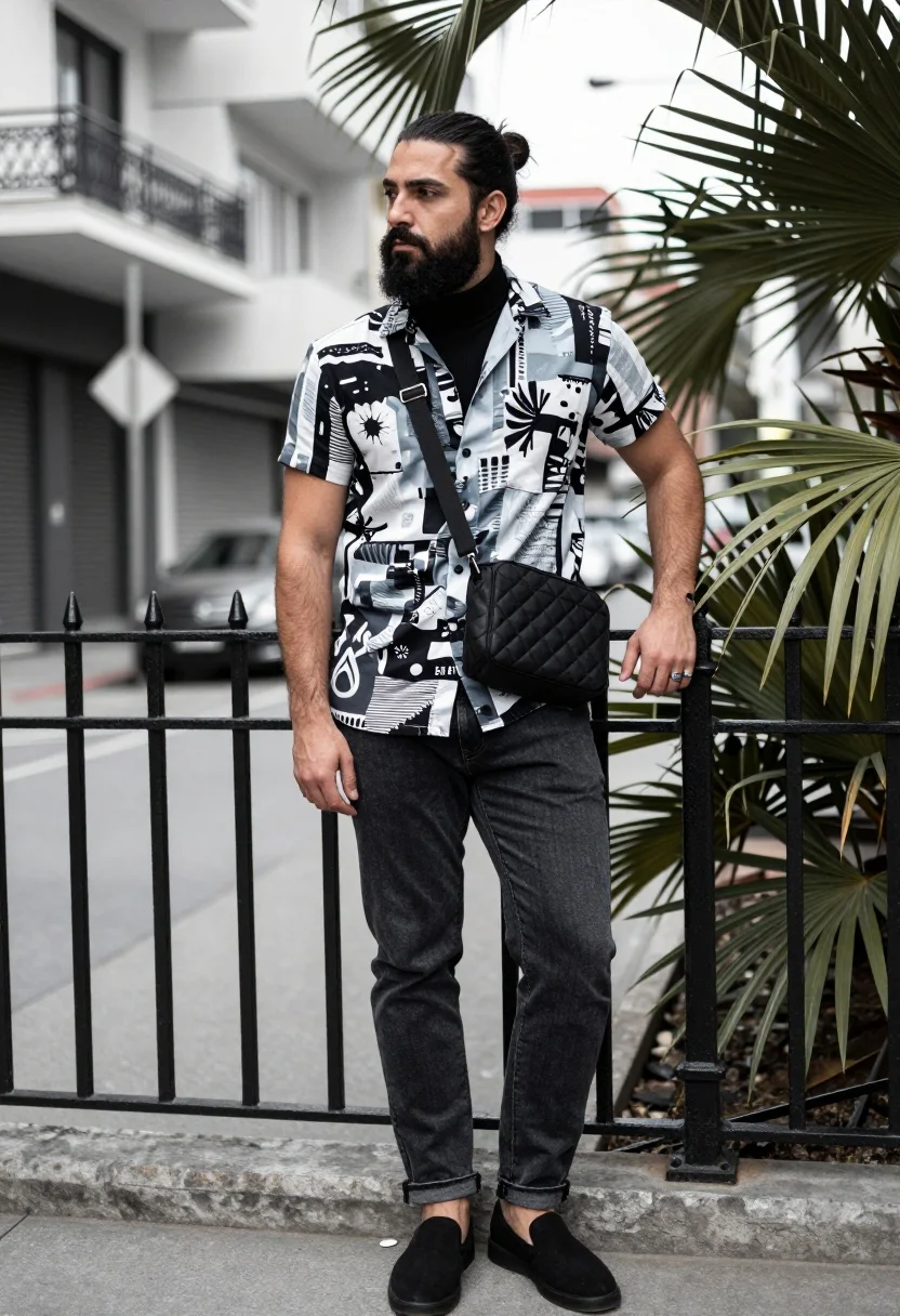 Stylish Man Stands Confidently Urban Outdoor Setting Leaning Slightly Against