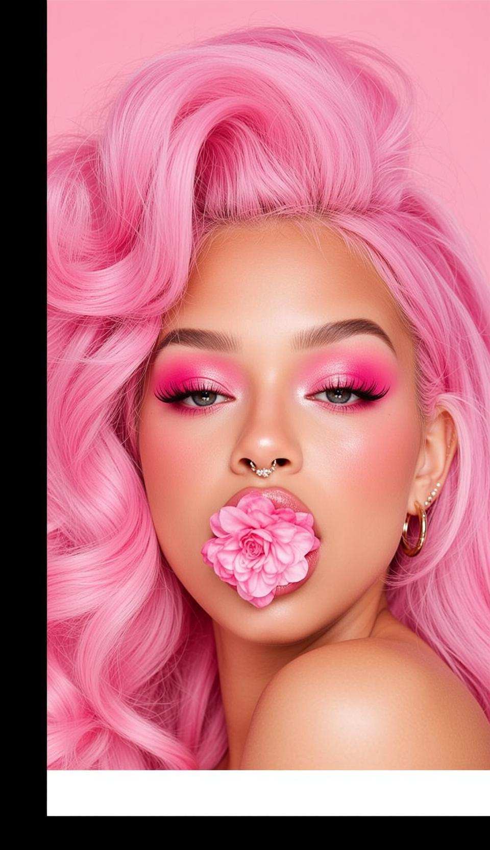Close-up Vertical Portrait Young Woman With Vibrant Voluminous Bright Pink