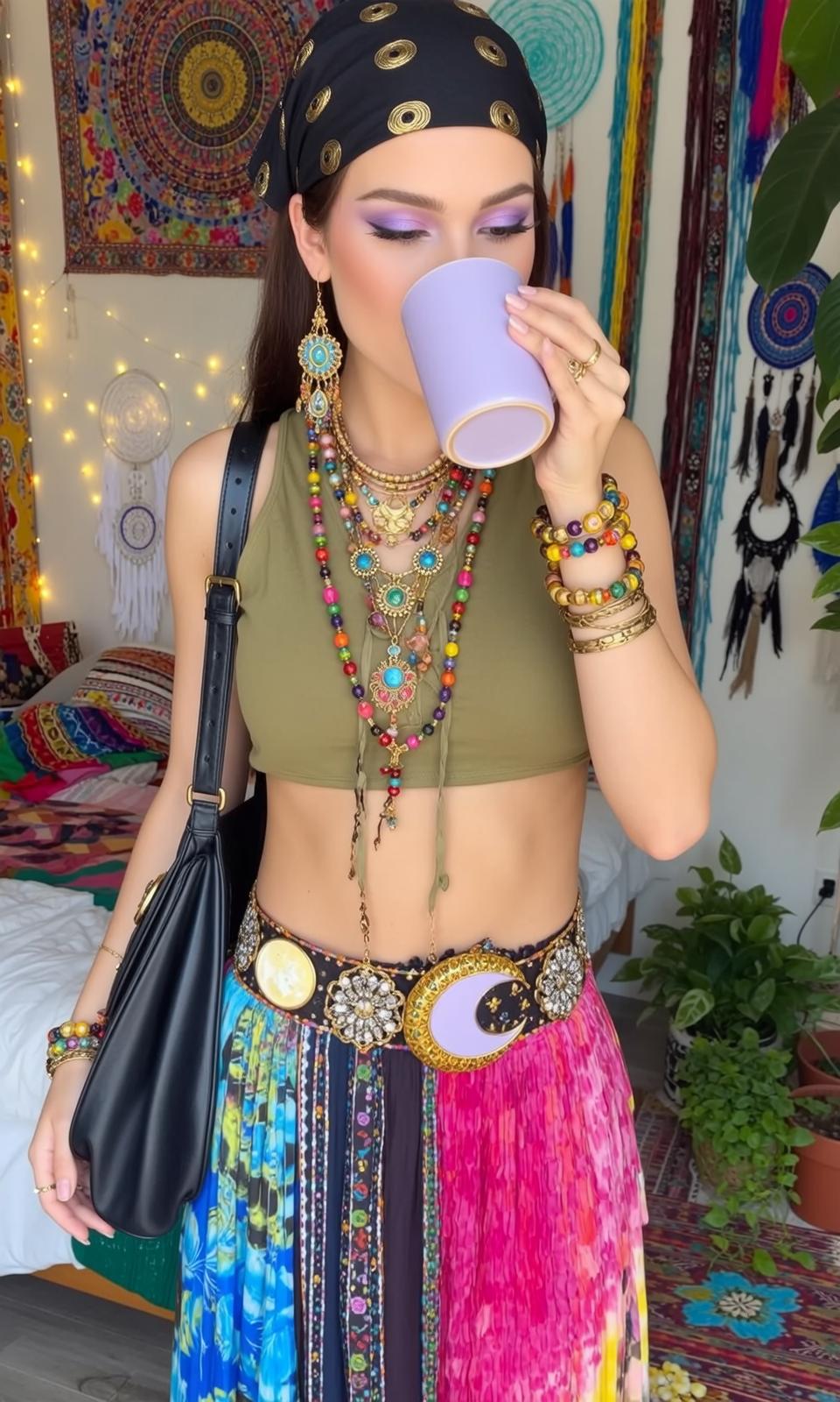Bohemian Bedroom Woman With Paisley Bandana And Purple Mug