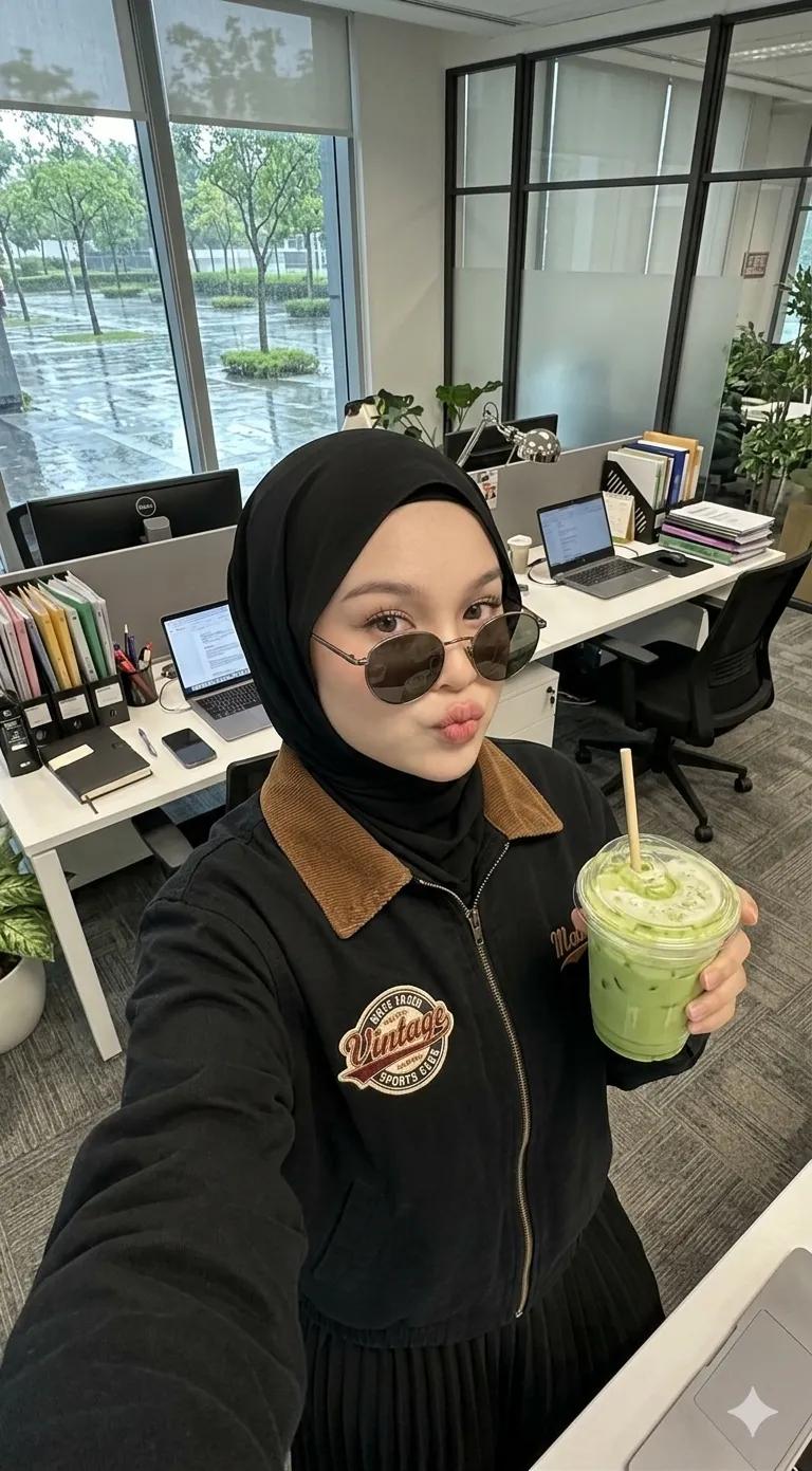Black Hijab Office Selfie Matcha Latte