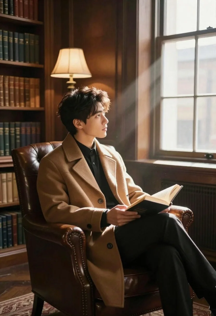 Young Man Sits Leather Armchair Reading Book Inside Quiet Library