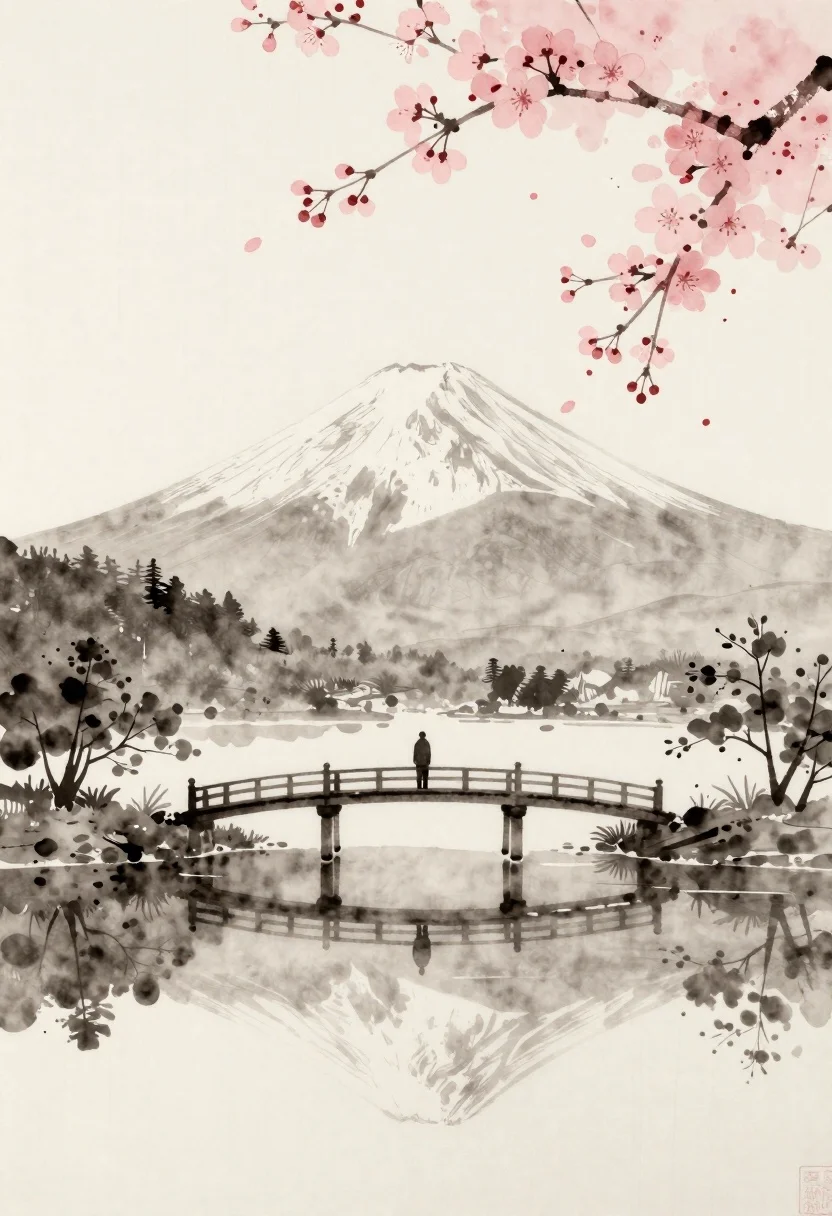 Atmospheric Ink Wash Painting Solitary Figure Standing Arched Bridge Before reference photo