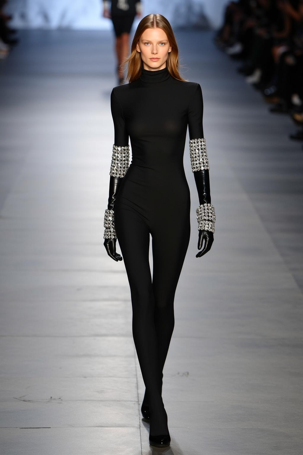 Runway Model Black Jumpsuit Crystal Cuffs Walking Forward