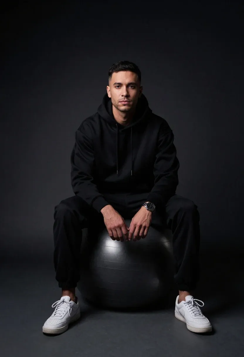 Portrait Man Sitting Large Black Exercise Ball Against Dark Gradient