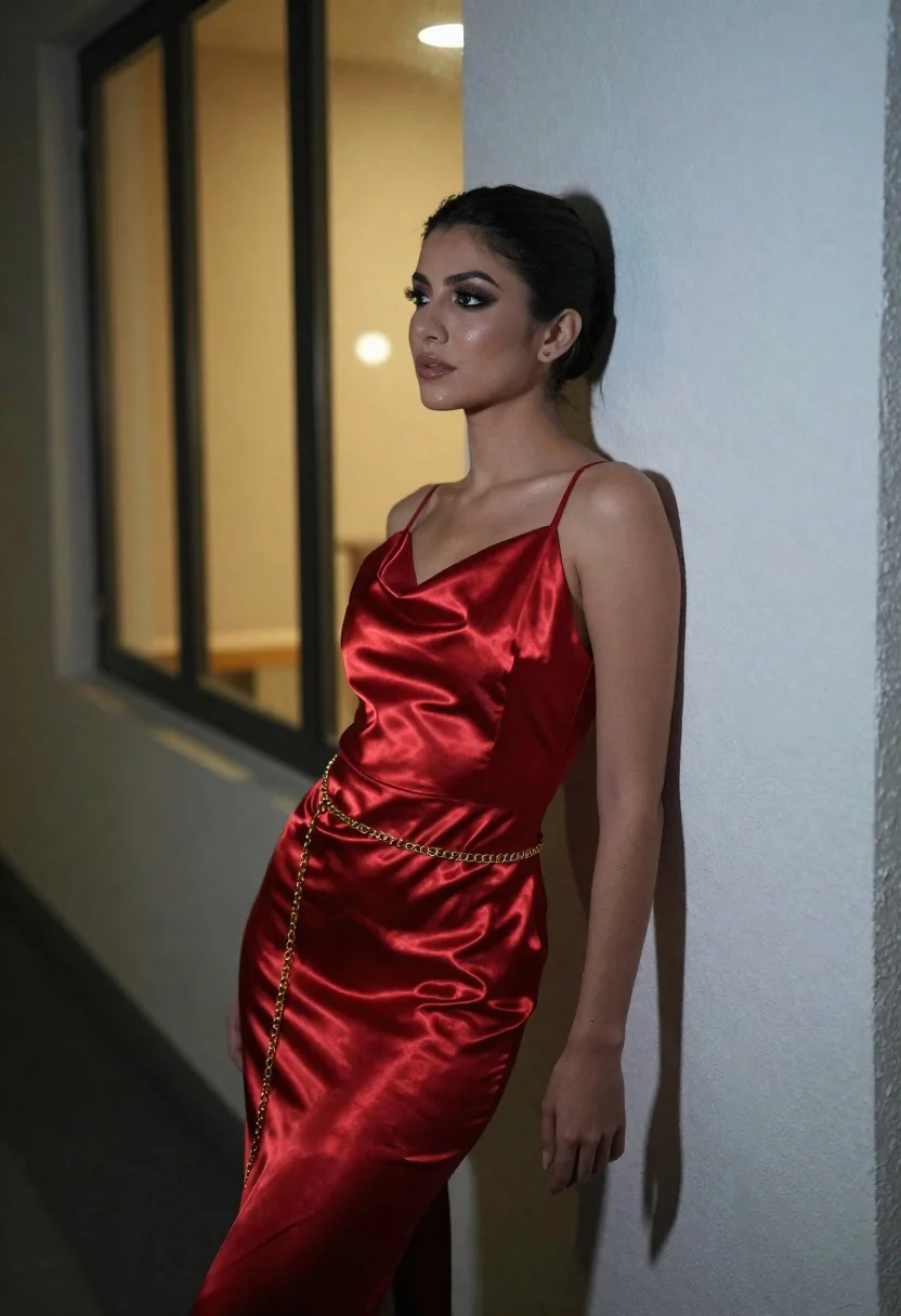 Woman Striking Red Satin Dress Stands Leaning Against Textured White reference photo