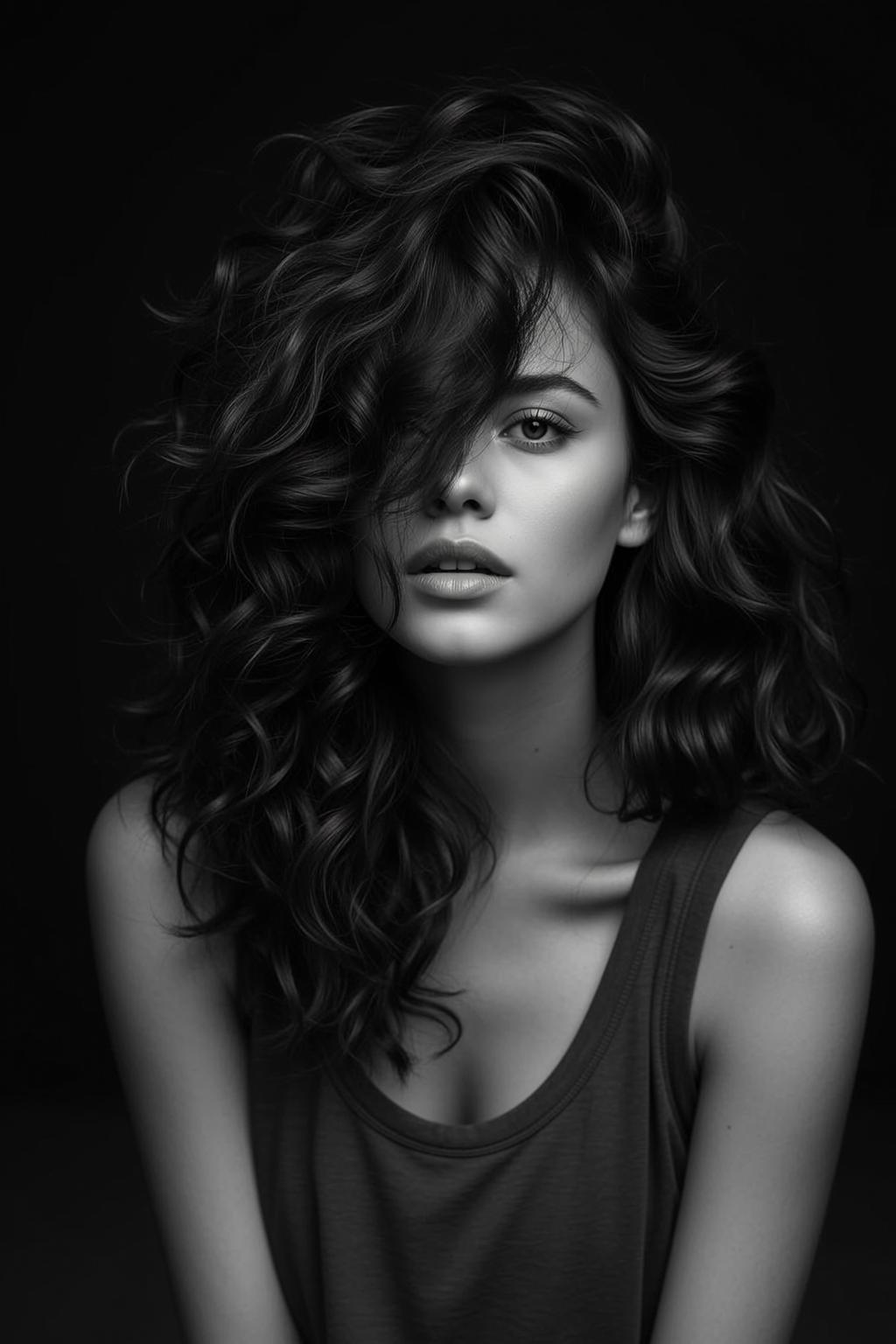 Photorealistic Black And White Portrait Young Woman With Voluminous Dark