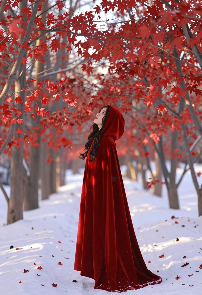 Full-body Portrait Woman Enchanting Snowy Forest With Brilliant Red Maple reference photo