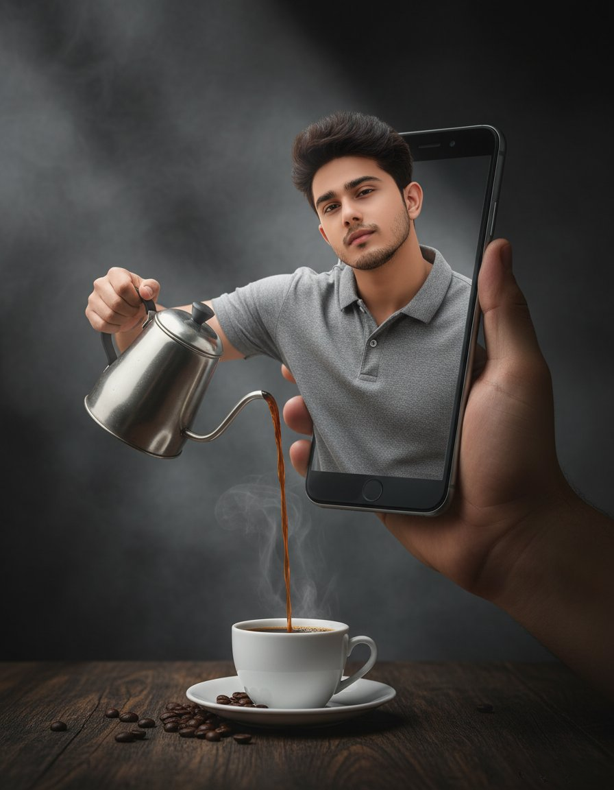 A surreal image of a person in a grey polo shirt pouring coffee from a smartphone into a porcelain cup on a rustic wooden table.