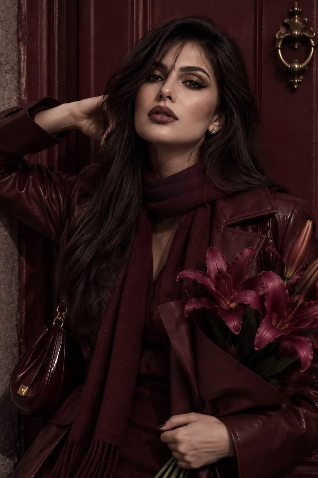 Burgundy Outfit Holding Lilies Against Door