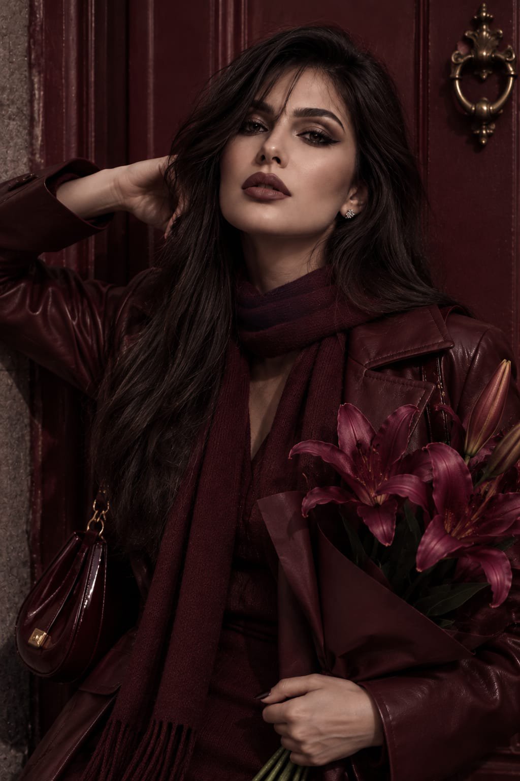 Woman in a burgundy outfit holding dark magenta lilies against a matching door.