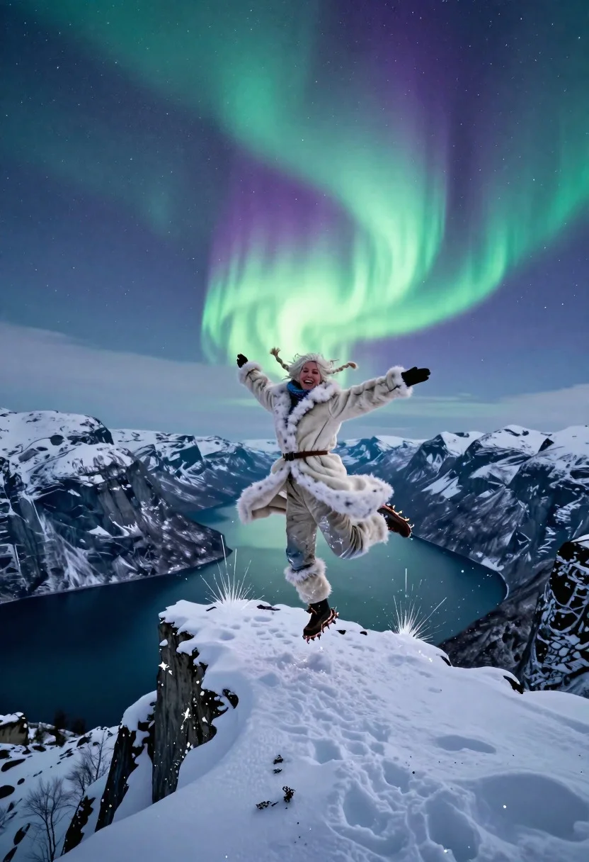 Aurora-kissed Ice Palace Vista Fur-clad Explorer Woman Dancing Elation Under reference photo