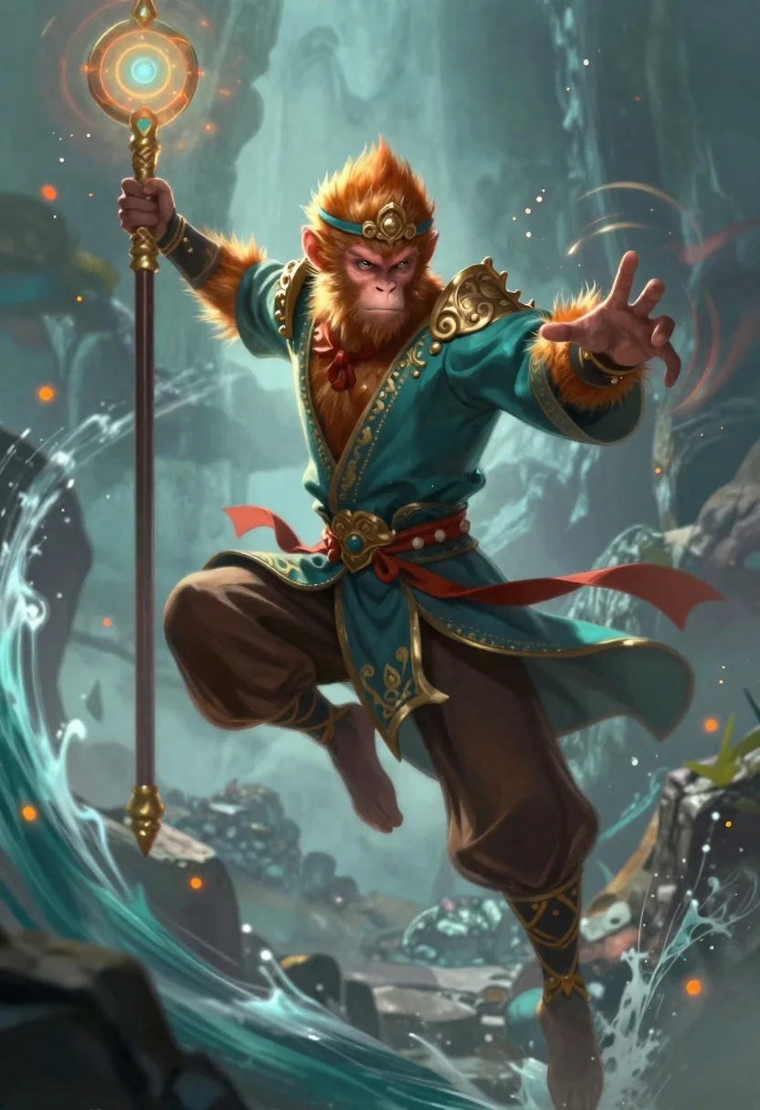 Dynamic Digital Painting Fierce Monkey Warrior Mid-leap Action-packed Fantasy Scene reference photo