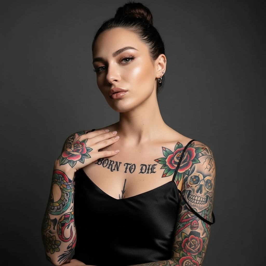 Photorealistic tattoo studio portrait preview with the reviewed outfit, pose, setting, lighting, and camera framing.