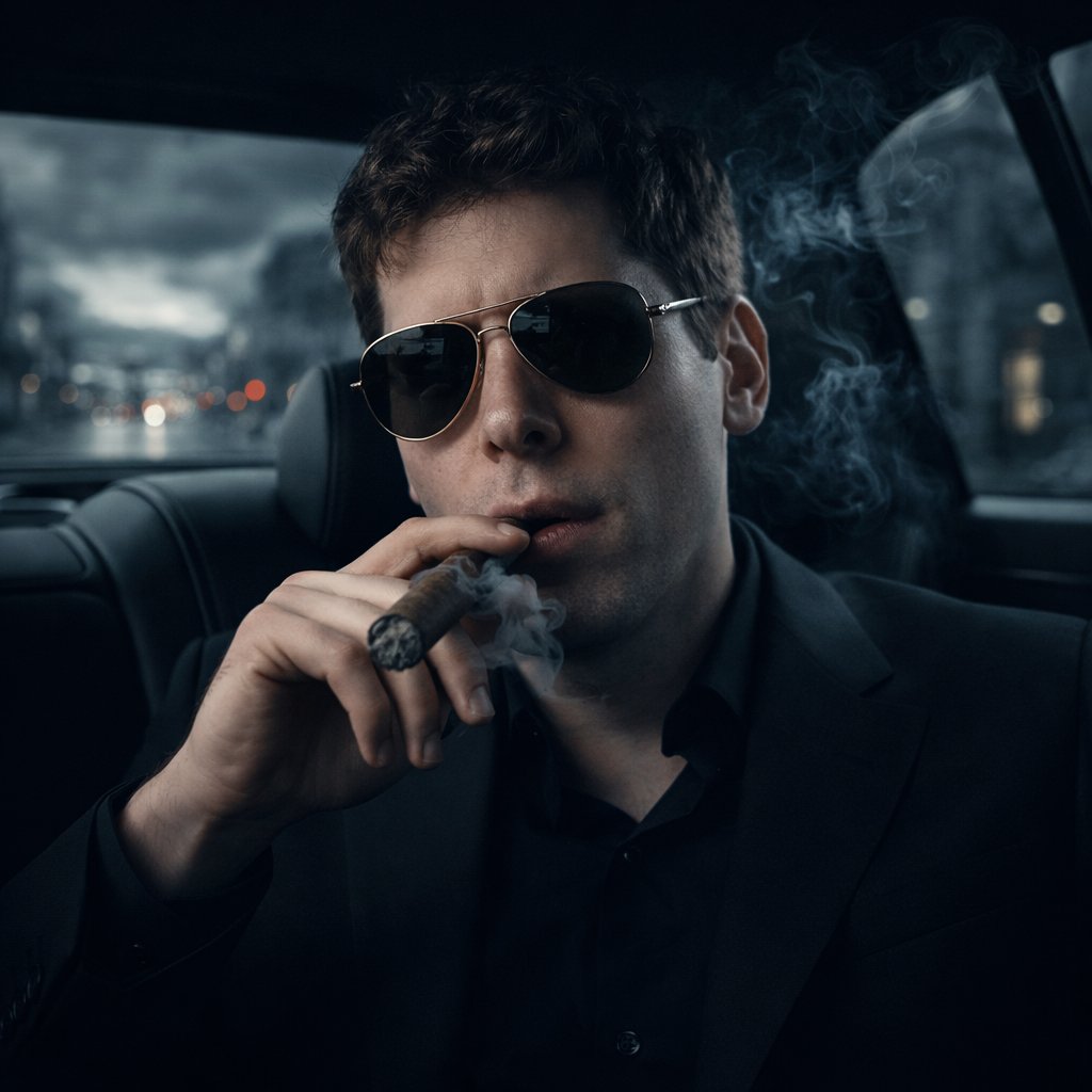 A modern mafia boss in a black suit, sitting in a luxury car, smoking a cigar against a moody city background.