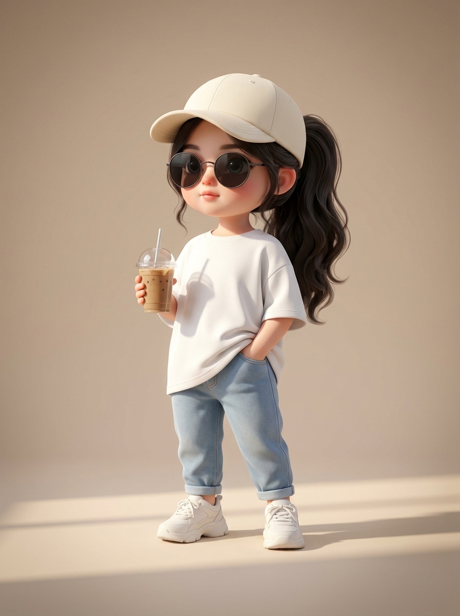 A stylish chibi girl in oversized t-shirt and mom-jeans holding an iced coffee cup in a minimalist beige studio
