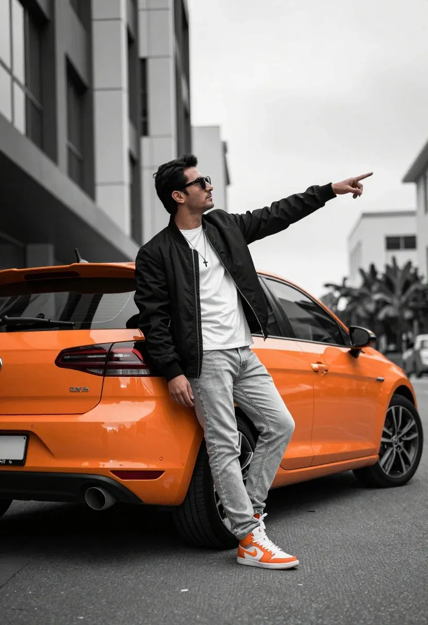Man Poses Confidently Leaning Against The Rear Bright Orange Hatchback